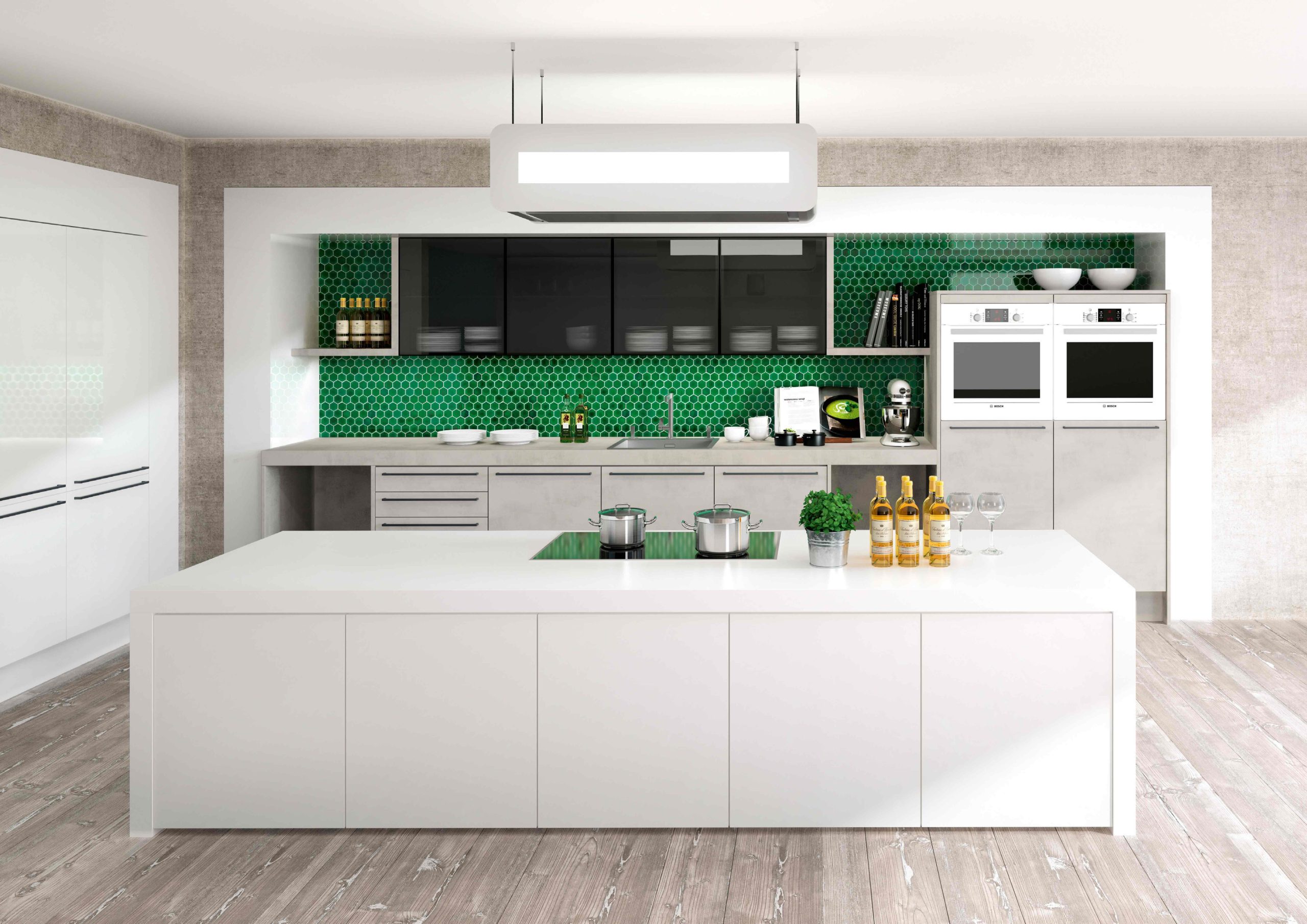Küche Modell La Corte Weiß Fließenspiegel Grün